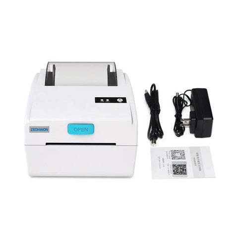 Compact white Zeonwon Bluetooth thermal receipt printer with blue open button, cables, and instruction sheet