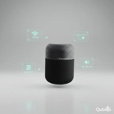 Tronsmart portable Bluetooth speaker with digital WiFi, battery, and volume icons on gray background