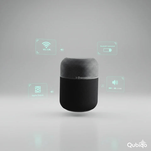 Tronsmart portable Bluetooth speaker with digital WiFi, battery, and volume icons on gray background