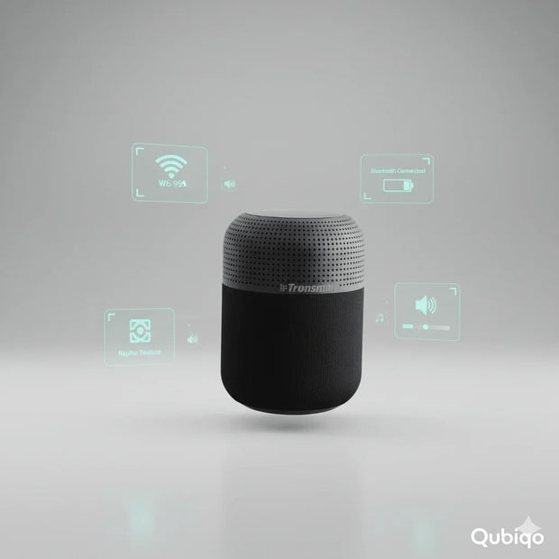 Tronsmart portable Bluetooth speaker with digital WiFi, battery, and volume icons on gray background