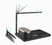 Black adjustable LED desk lamp with built-in Bluetooth speaker, digital clock, and wireless charging pad