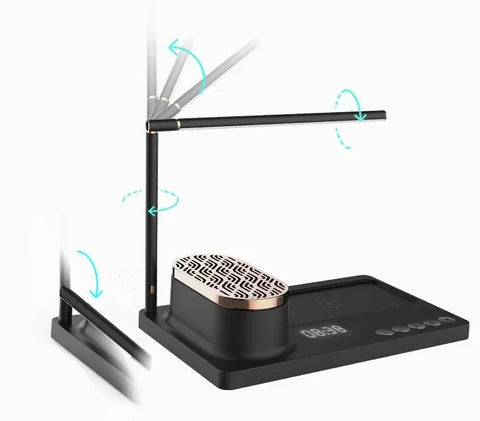 Black adjustable LED desk lamp with built-in Bluetooth speaker, digital clock, and wireless charging pad