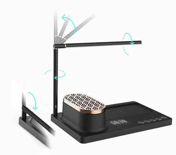 Black adjustable LED desk lamp with built-in Bluetooth speaker, digital clock, and wireless charging pad