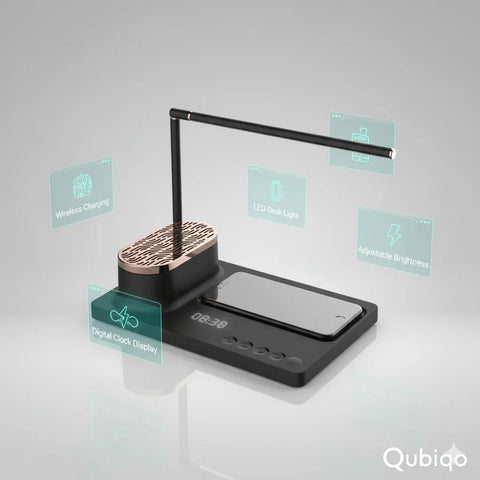 Black LED desk lamp with wireless charging pad, digital clock display, and adjustable brightness