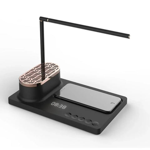 Modern black desk lamp with wireless charger, Bluetooth speaker, digital clock, and control buttons