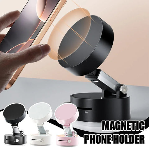 Magnetic foldable phone holder in black, white, and pink with a hand holding a phone near the holder