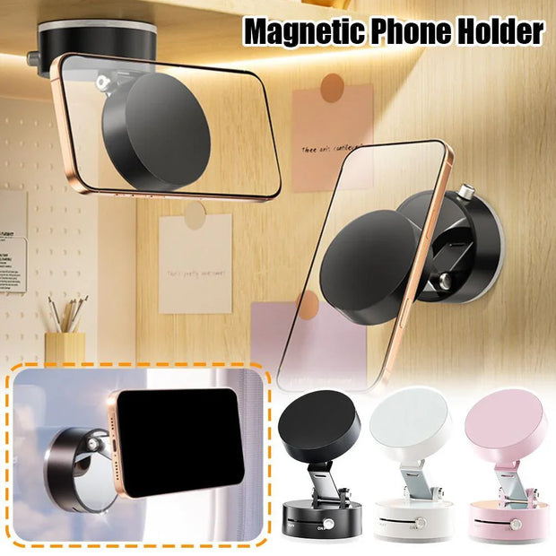 Magnetic phone holder mounted on wood wall holding smartphones, shown in black, white, and pink colors