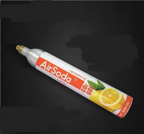 AirSoda CO2 cartridge for soda machines with lemon illustration on label, black background
