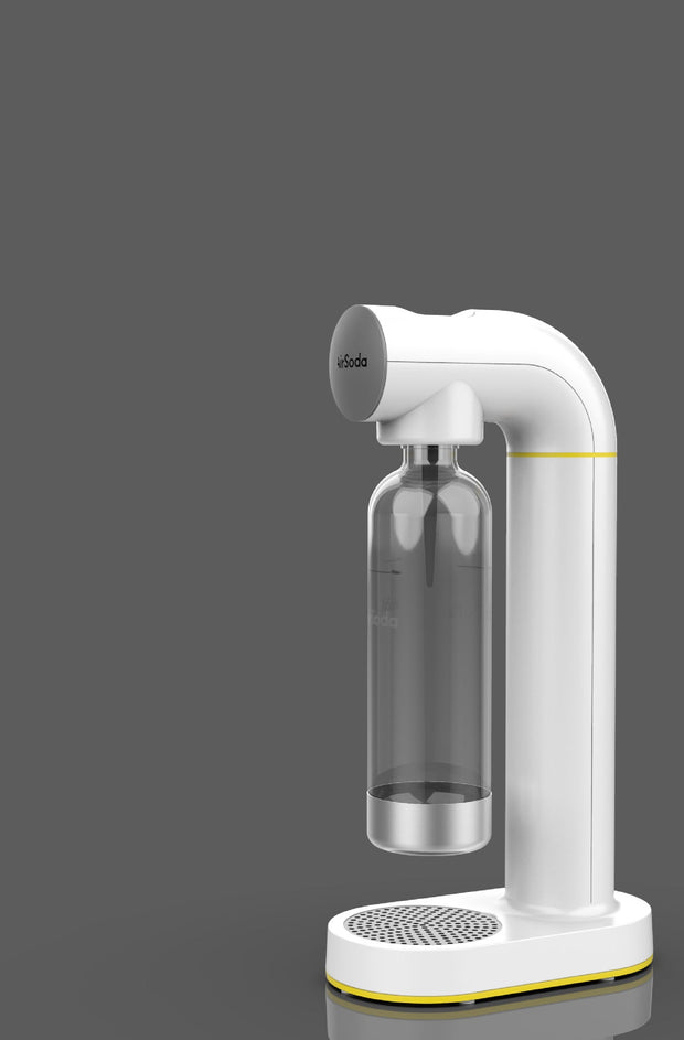 white AirSoda carbonated water maker with transparent bottle on gray background