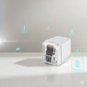 Compact white portable color printer with Bluetooth and 6 hours battery life icons