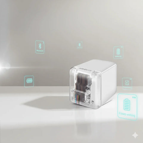 Compact white portable color printer with Bluetooth and 6 hours battery life icons