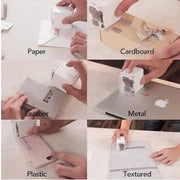 Portable color printer stamping labels on paper, cardboard, leather, metal, plastic, and textured surfaces