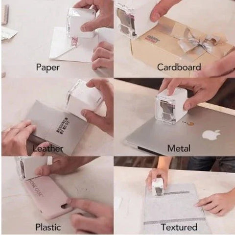 Portable color printer stamping labels on paper, cardboard, leather, metal, plastic, and textured surfaces