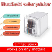 Compact handheld color printer with transparent front, prints HD color on any material, 6 hours use, 5000 prints