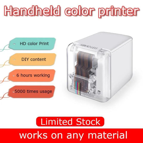 Compact handheld color printer with transparent front, prints HD color on any material, 6 hours use, 5000 prints