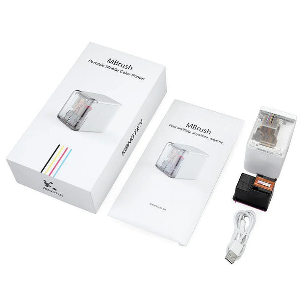 Kongten MBrush portable mobile color printer with packaging, manual, ink cartridge, and USB cable on white background
