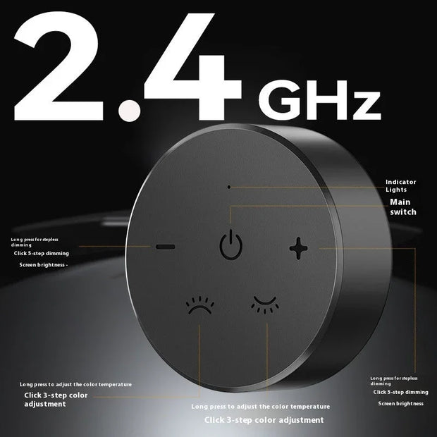 Black round 2.4GHz controller with power, plus, minus, and brightness icons for adjustable light settings