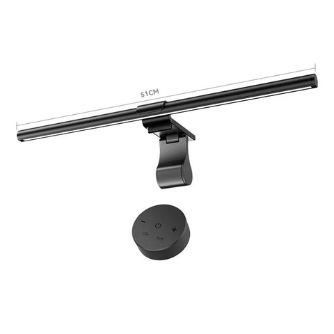 Black 51cm computer monitor light bar with clip-on mount and round remote control for eye protection