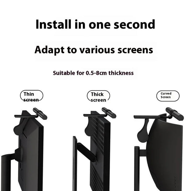 Black adjustable computer eye protection lamp mounted on thin, thick, and curved monitor screens