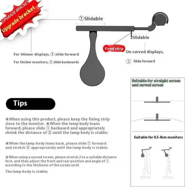 Diagram showing slidable upgrade bracket for computer monitor eye protection lamp on straight and curved screens