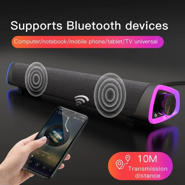 Bluetooth soundbar speaker with wireless connection to smartphone, supporting 10m transmission distance
