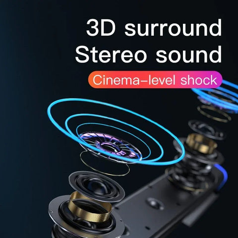 Exploded view of portable speaker drivers with 3D surround stereo sound and cinema-level shock text
