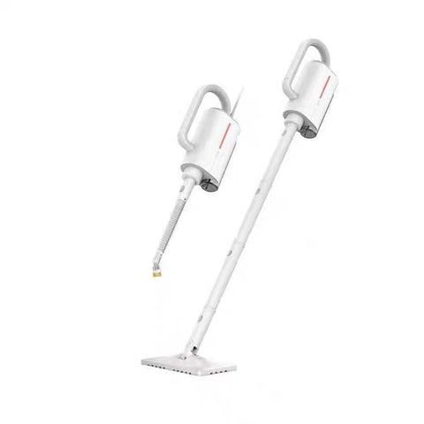 Deerma ZQ610 white steam cleaner with long nozzle and brush attachments for versatile cleaning