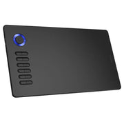 Black digital drawing tablet with blue dial and multiple shortcut buttons on white background