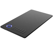 Black digital drawing tablet with shortcut buttons and a blue-lit control dial on a white background