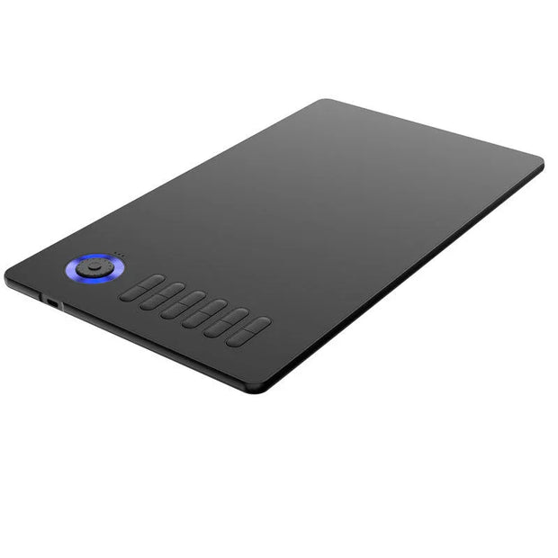 Black digital drawing tablet with shortcut buttons and a blue-lit control dial on a white background