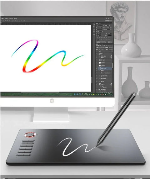 Digital drawing tablet with stylus pen creating white and rainbow brush strokes on a computer screen