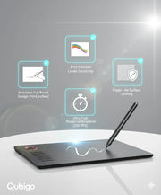 Black Qubigo digital drawing tablet with stylus pen on white surface, highlighting 8192 pressure levels, paper-like coating, and ultra-fast response.