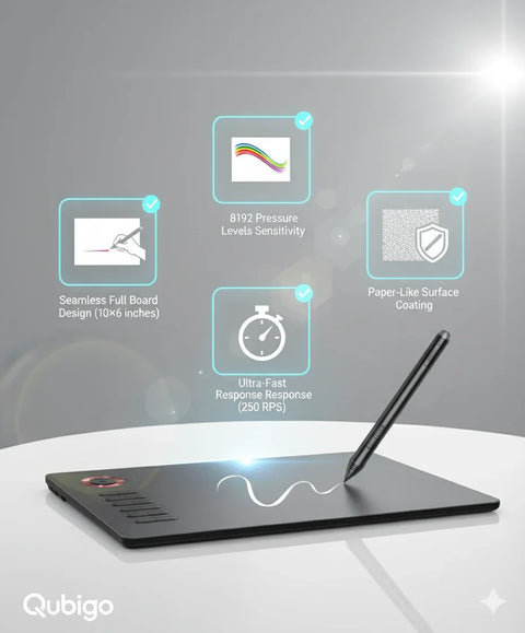 Black Qubigo digital drawing tablet with stylus pen on white surface, highlighting 8192 pressure levels, paper-like coating, and ultra-fast response.