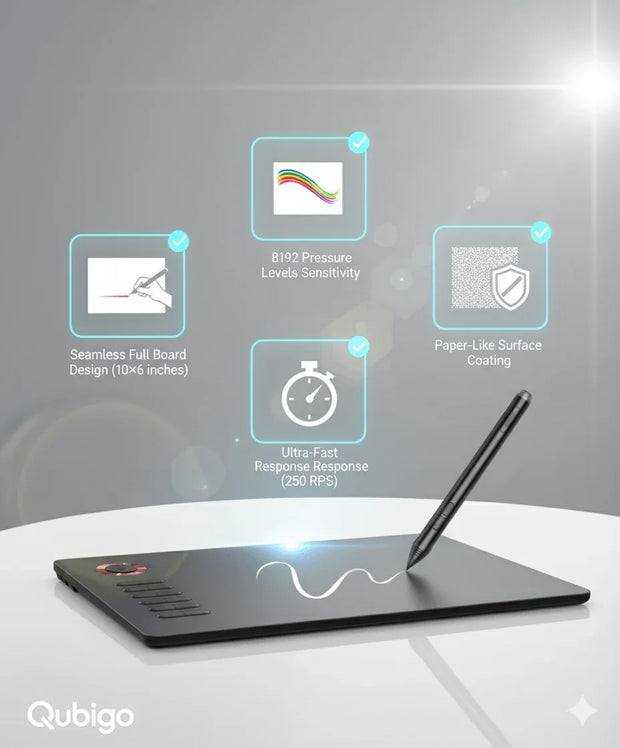 Black Qubigo digital drawing tablet with stylus pen on white surface, highlighting 8192 pressure levels, paper-like coating, and ultra-fast response.