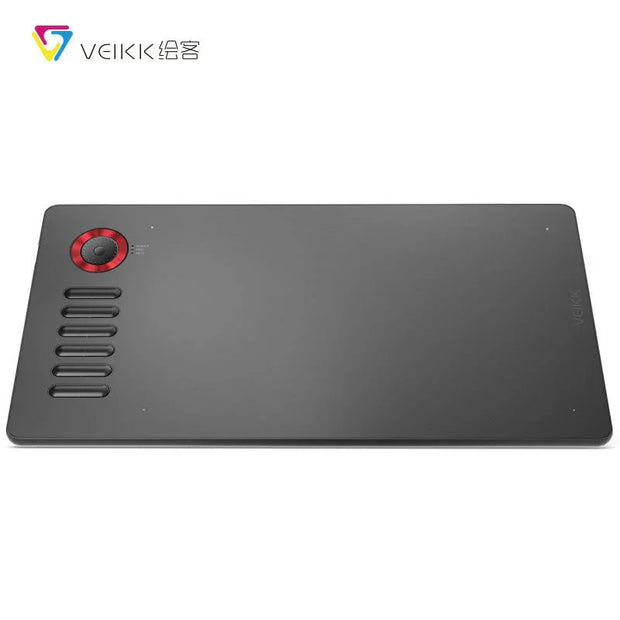 Veikk black digital drawing tablet with red circular dial and shortcut keys on white background