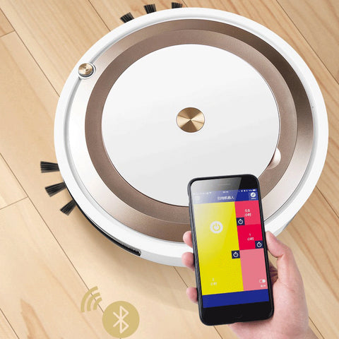White and bronze robotic vacuum cleaner on wooden floor controlled by smartphone app via Bluetooth