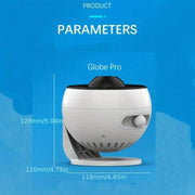 White Globe Pro home security camera with dimensions on blue background