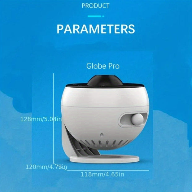 White Globe Pro home security camera with dimensions on blue background