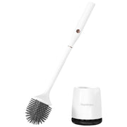 White electric toilet brush with silicone bristles and a matching holder on white background