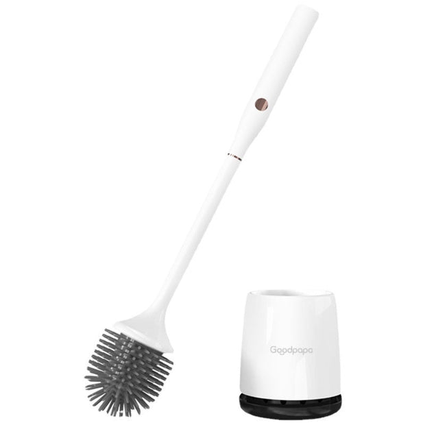 White electric toilet brush with silicone bristles and a matching holder on white background