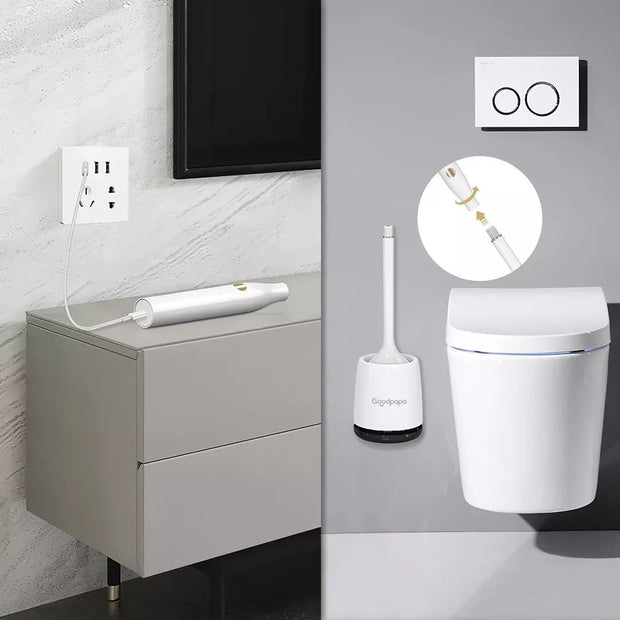 White electric toilet brush charging on bathroom cabinet, wall-mounted holder near modern toilet