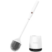 White electric toilet cleaning brush with silicone bristles and matching holder on white background