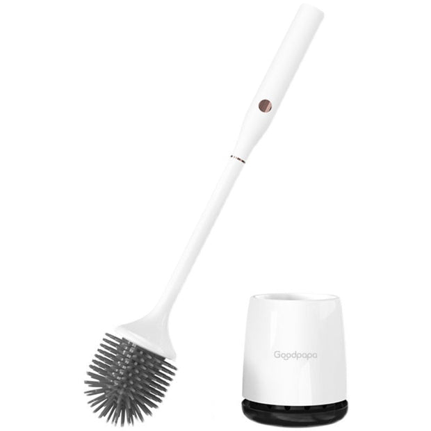 White electric toilet cleaning brush with silicone bristles and matching holder on white background