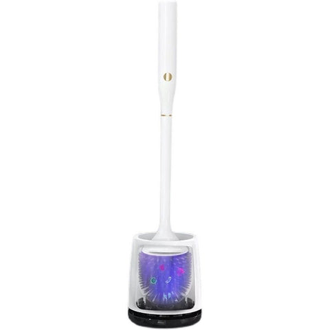 White electric toilet brush with purple bristles in white holder emitting blue and pink light