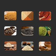 Various ground spices and powders including coffee, chili, matcha, and nut powders on dark background