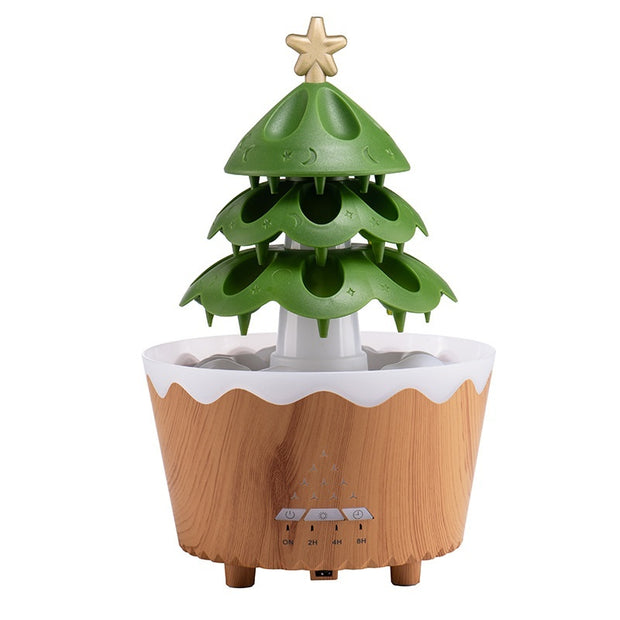 Christmas tree-shaped humidifier with green tiers and wood-patterned base with timer settings
