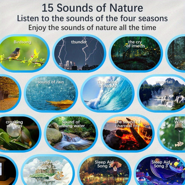Collage of 15 nature sound themes including birdsong, thunder, insects, rain, waves, waterfall, frogs, running water, fire, and wind chimes