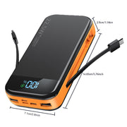 Black and orange 20000mAh fast charging power bank with digital display and built-in cables