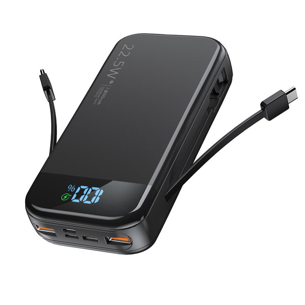 Black 19000mAh fast charging power bank with digital display and built-in USB-C and micro USB cables