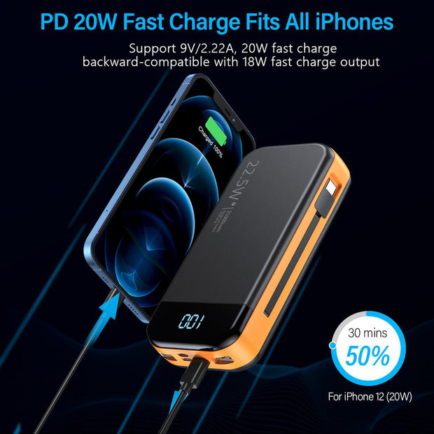 22.5W fast charging power bank with digital display charging iPhone 12 at 50% in 30 minutes